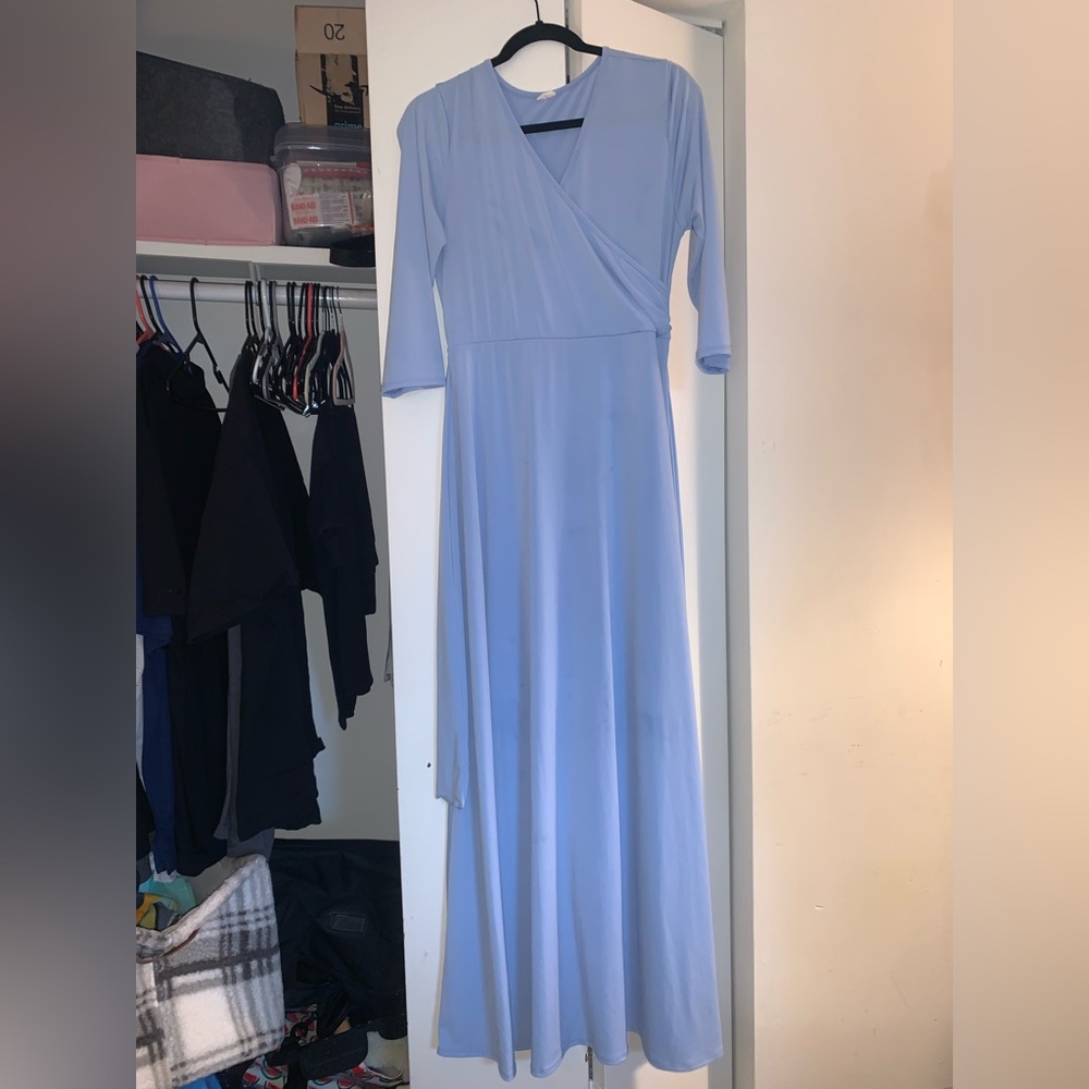 Baby blue maternity maxi dress, stretch, side slit, tie waist XL